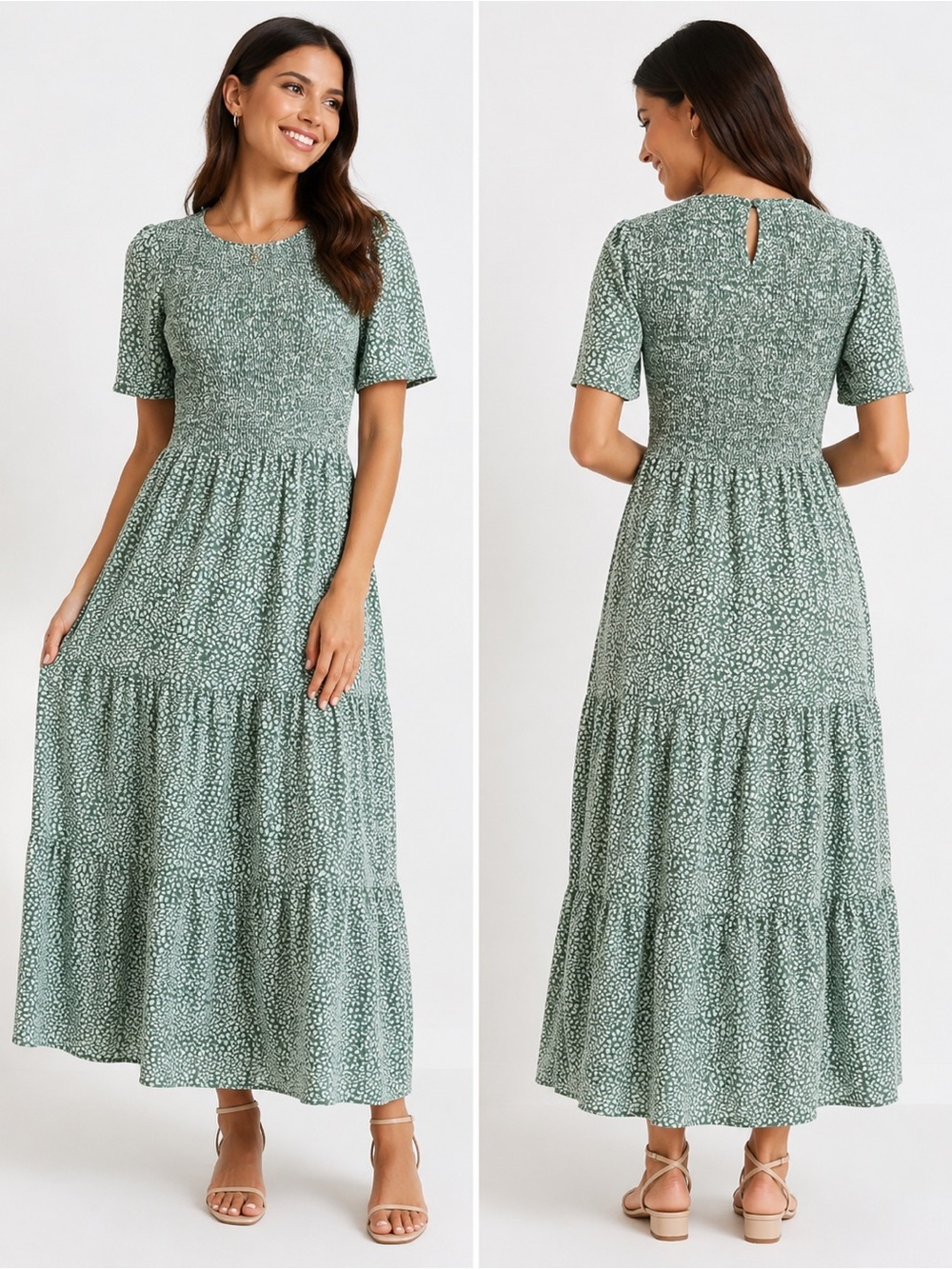 Smocked Bodice Green Printed Tiered Maxi Dress